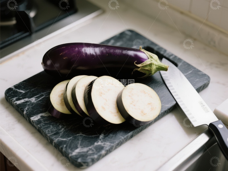 高清大图下载【趣麦麦图】切片茄子置于大理石砧板上