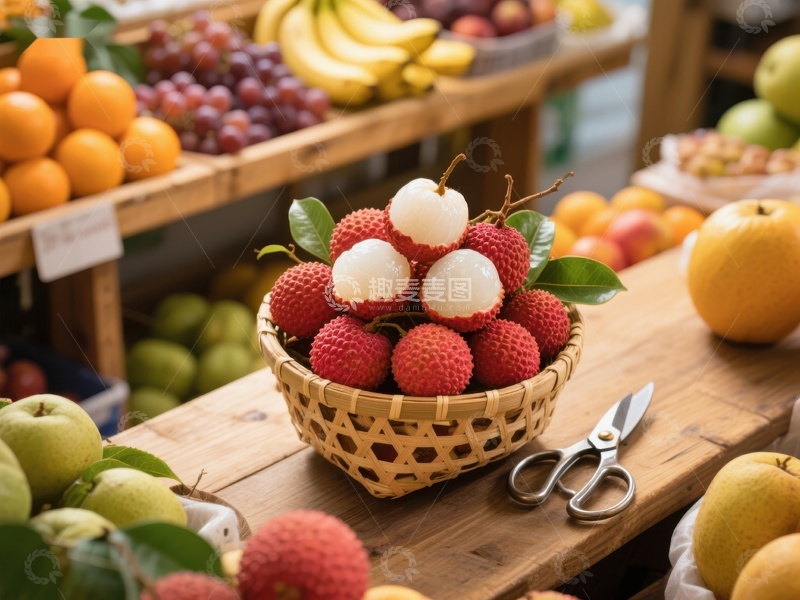 新鲜荔枝与水果市场展示