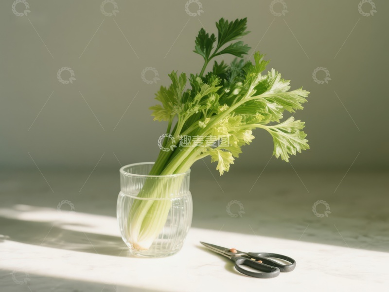芹菜置于玻璃杯中，旁配剪刀