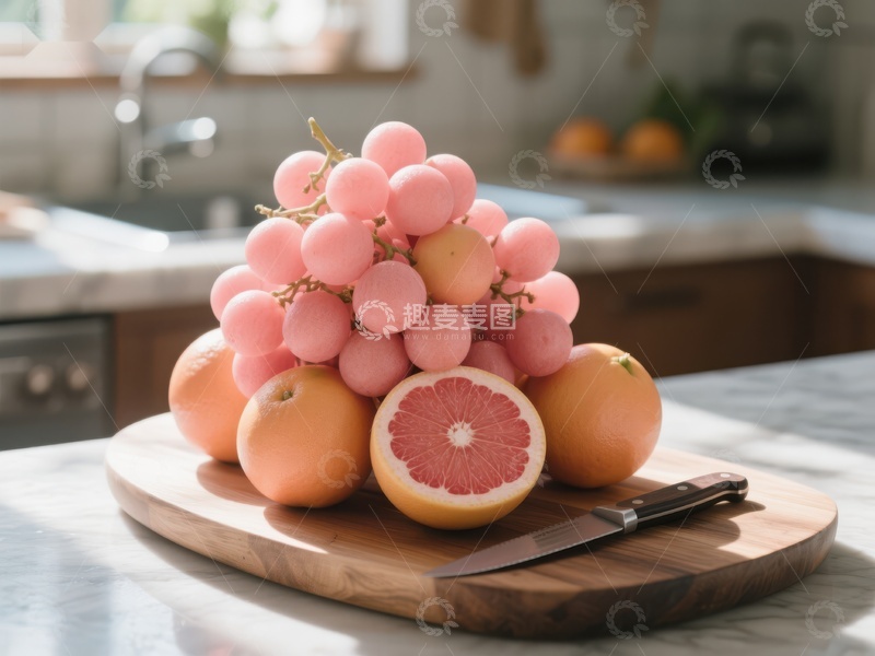 高清大图下载【趣麦麦图】-厨房台面上的葡萄柚和切开的柚子