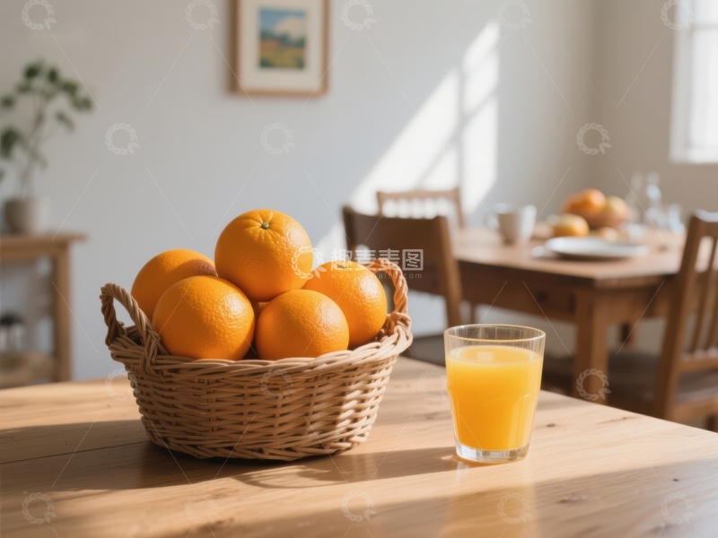 高清大图下载【趣麦麦图】橙子篮与一杯橙汁置于阳光下的餐桌