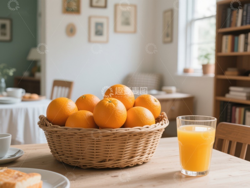 高清大图下载【趣麦麦图】橙子篮与果汁，温馨室内早餐场景