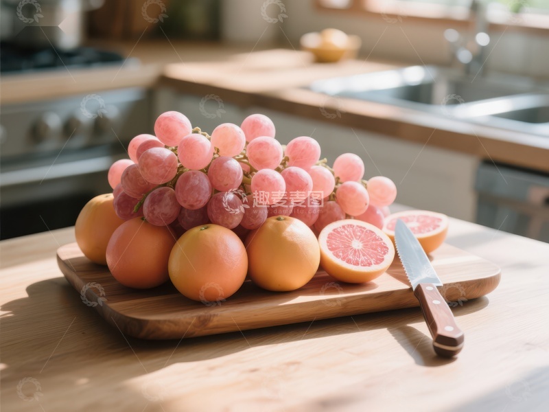 高清大图下载【趣麦麦图】厨房台面上的葡萄与柚子