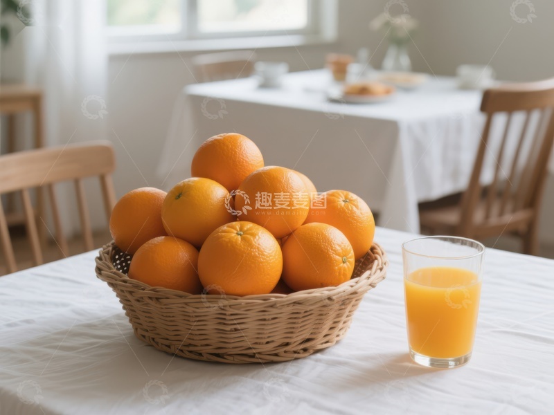 高清大图下载【趣麦麦图】新鲜橙子与果汁的温馨早餐场景