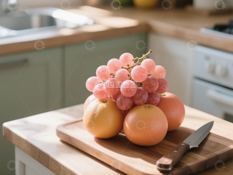高清大图下载【趣麦麦图】厨房台面上的葡萄与橙子