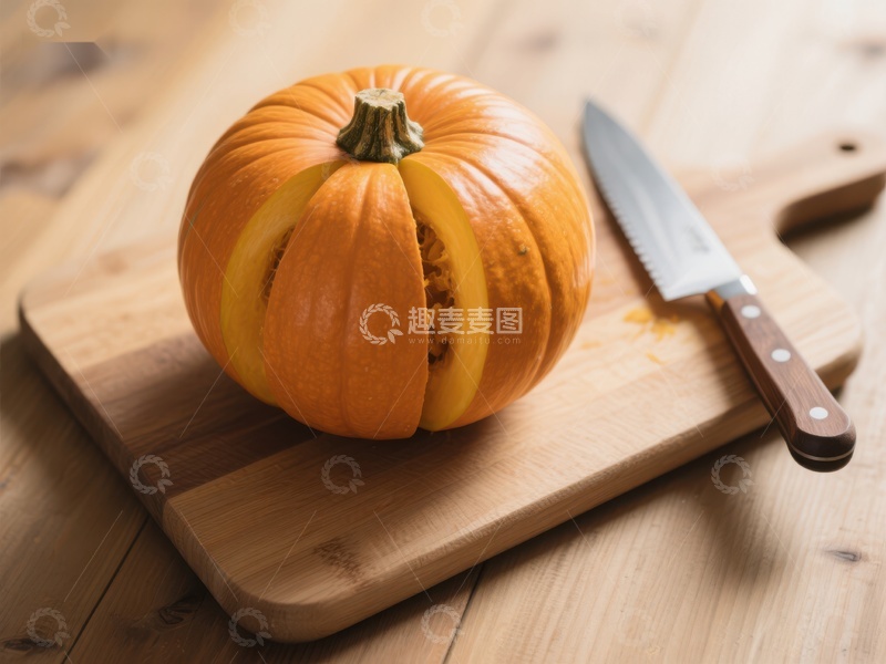 高清大图下载【趣麦麦图】切片南瓜与刀具置于木板