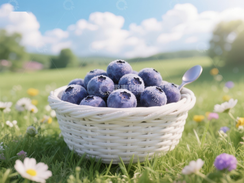 高清大图下载【趣麦麦图】蓝莓篮子置于花田中