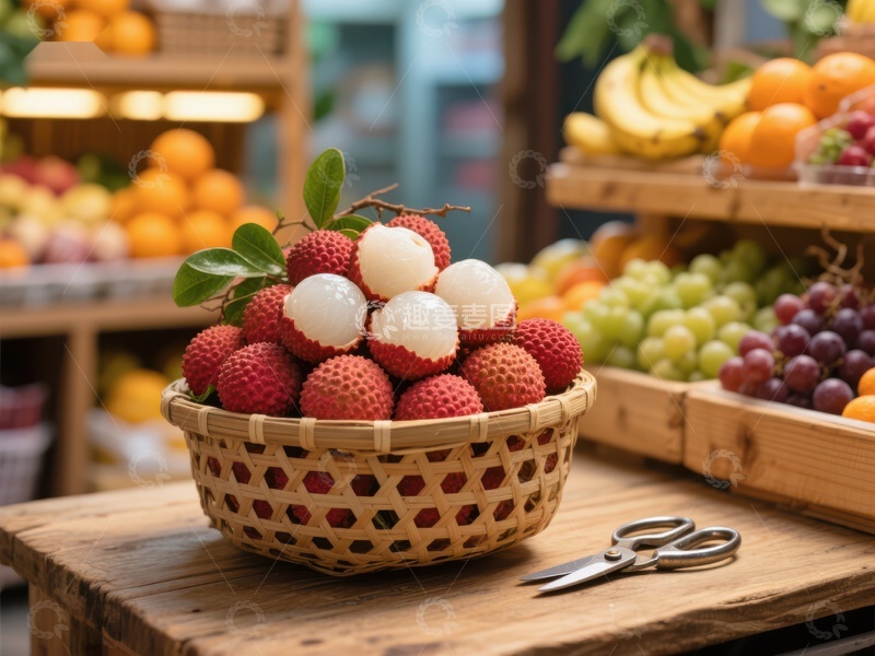新鲜荔枝与水果市场陈列