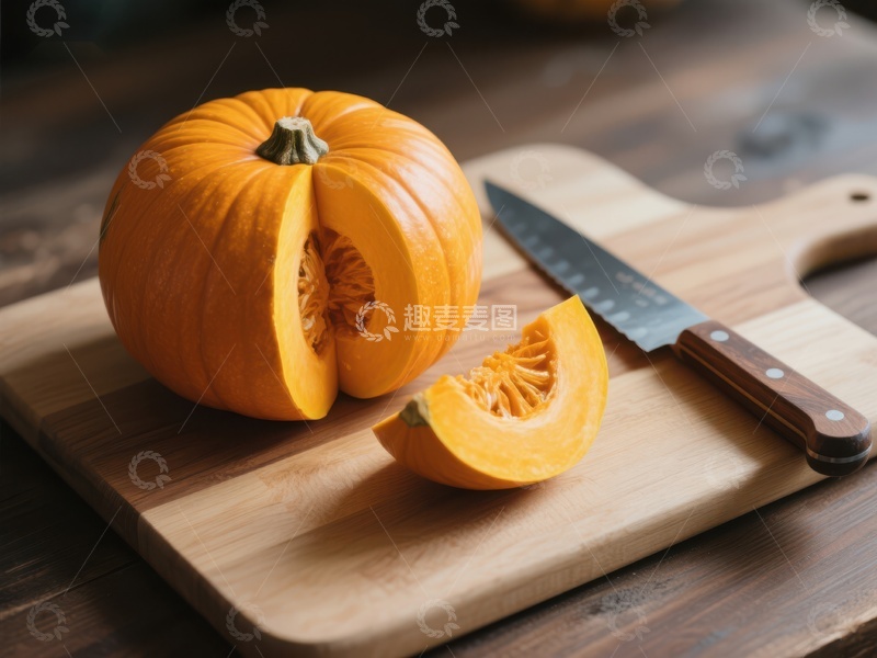 高清大图下载【趣麦麦图】切开的南瓜与刀具