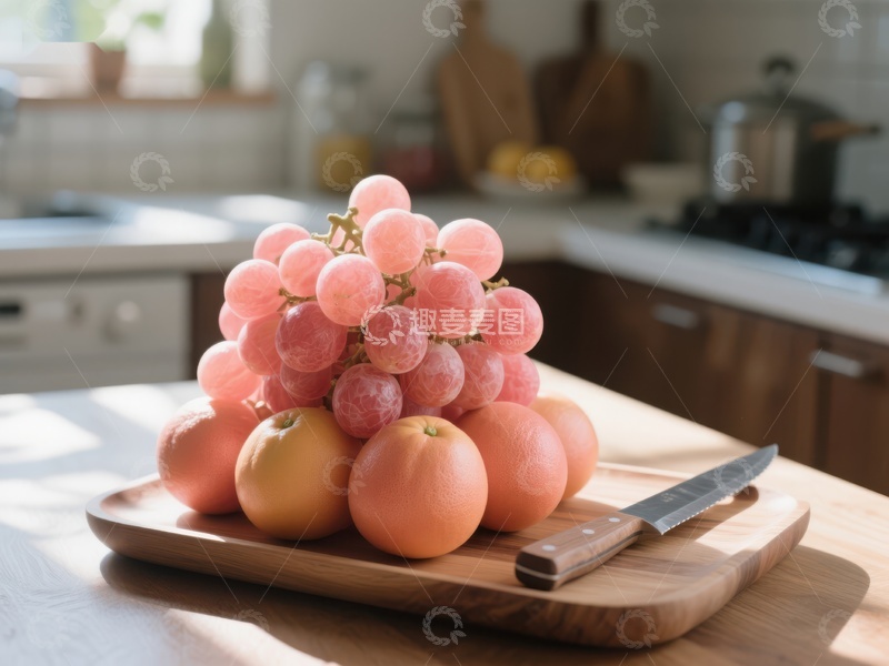 高清大图下载【趣麦麦图】厨房案板上的葡萄与番茄