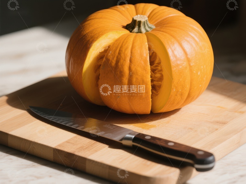 高清大图下载【趣麦麦图】切开的南瓜与刀具
