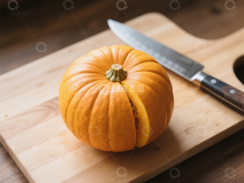 高清大图下载【趣麦麦图】切开的南瓜与刀具置于砧板上