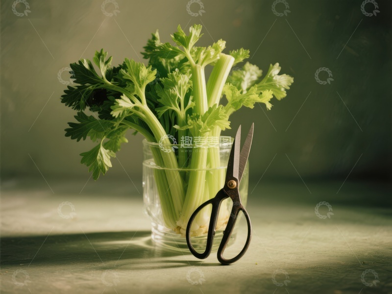 高清大图下载【趣麦麦图】玻璃杯中的芹菜与剪刀