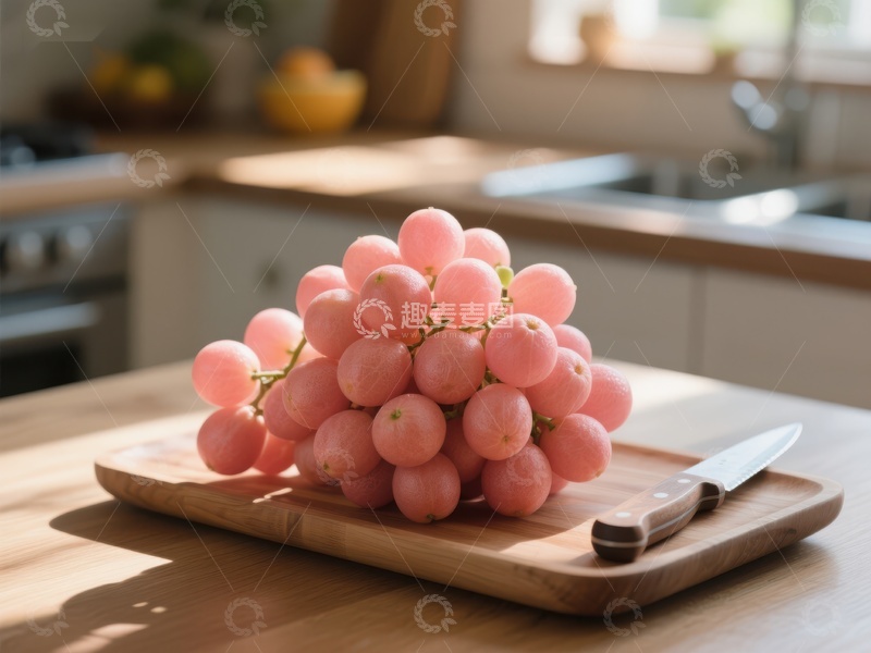 高清大图下载【趣麦麦图】粉红葡萄置于厨房砧板上