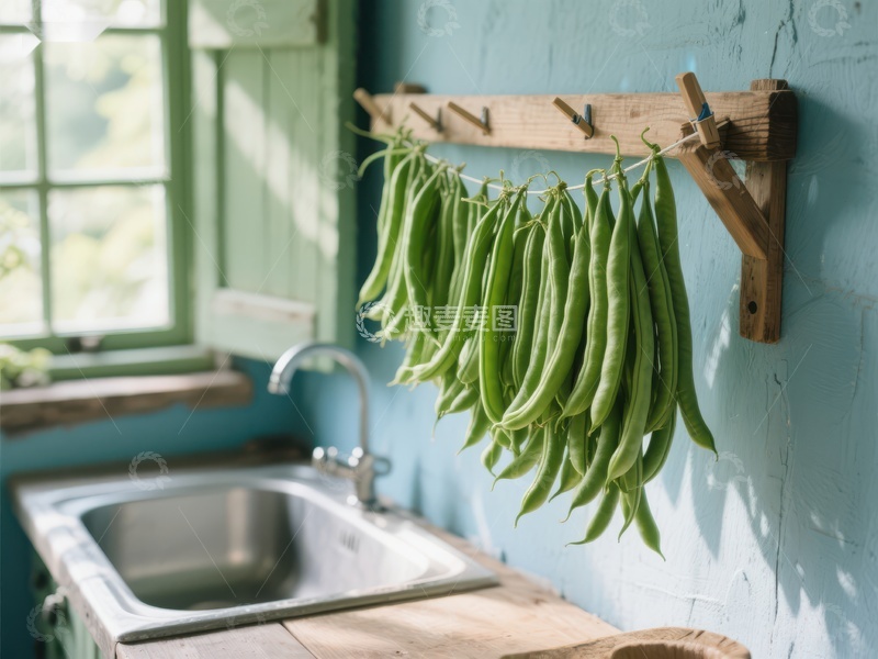 高清大图下载【趣麦麦图】厨房窗边悬挂的绿色豆角
