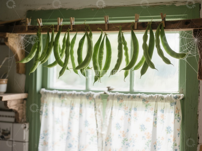高清大图下载【趣麦麦图】窗前晾晒的绿色豆荚