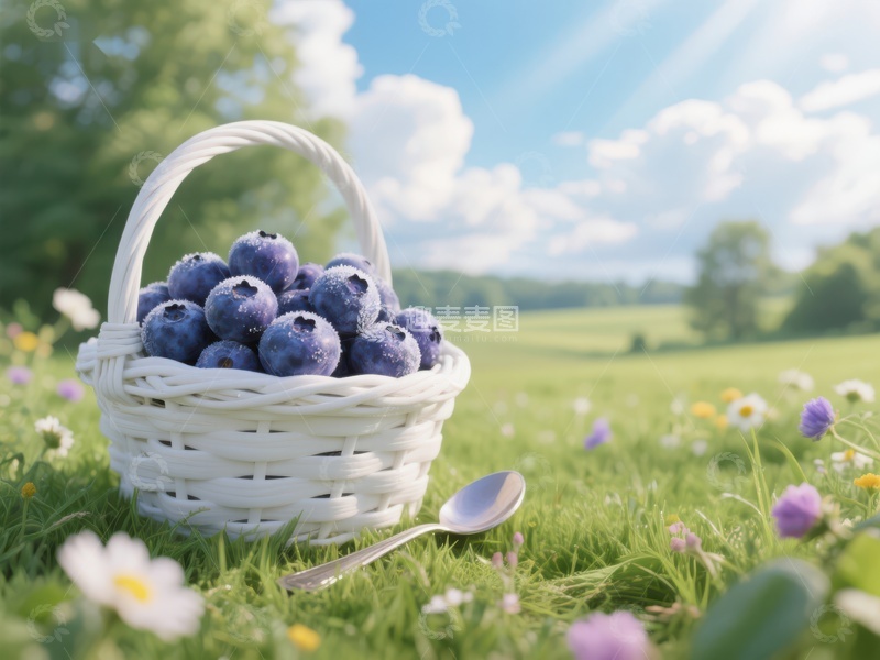 高清大图下载【趣麦麦图】蓝莓篮子置于花丛草地