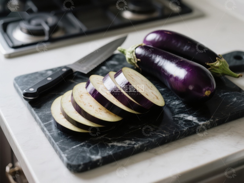 高清大图下载【趣麦麦图】切片茄子置于厨房砧板上