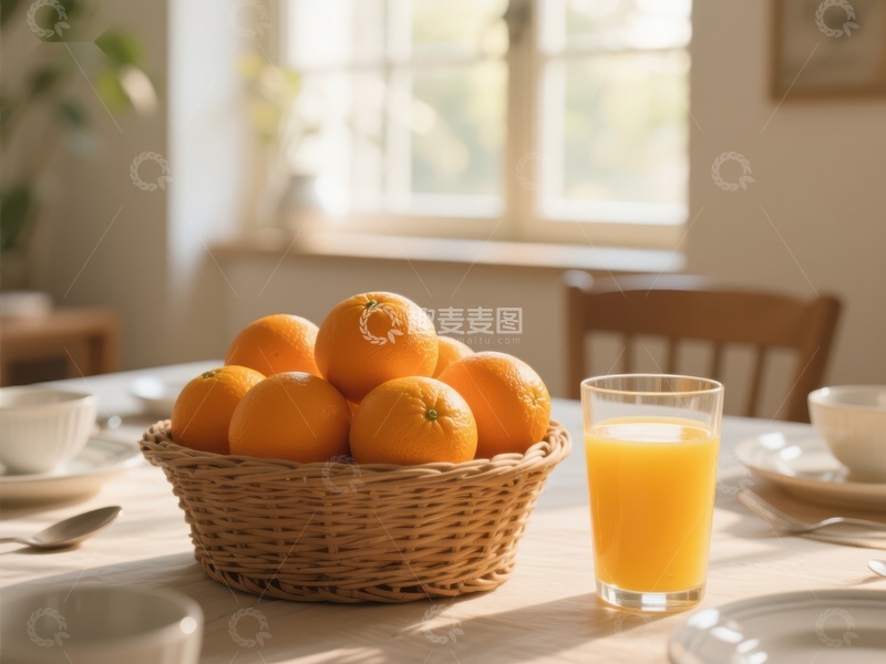 高清大图下载【趣麦麦图】橙子与果汁的温馨早餐场景
