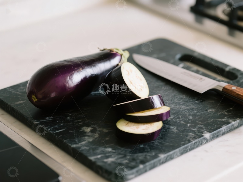 高清大图下载【趣麦麦图】切片茄子置于大理石砧板上