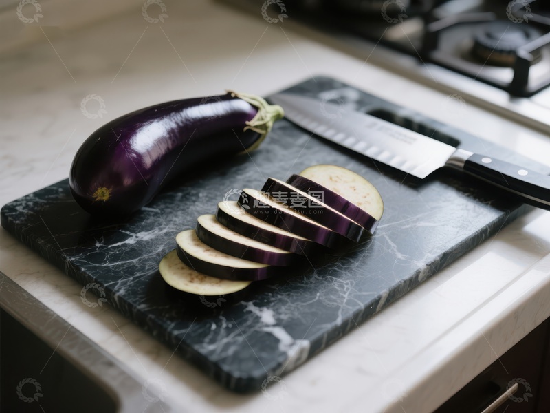 高清大图下载【趣麦麦图】切片茄子与刀具