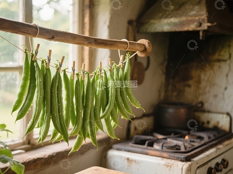 厨房窗边晾晒的绿色豆角
