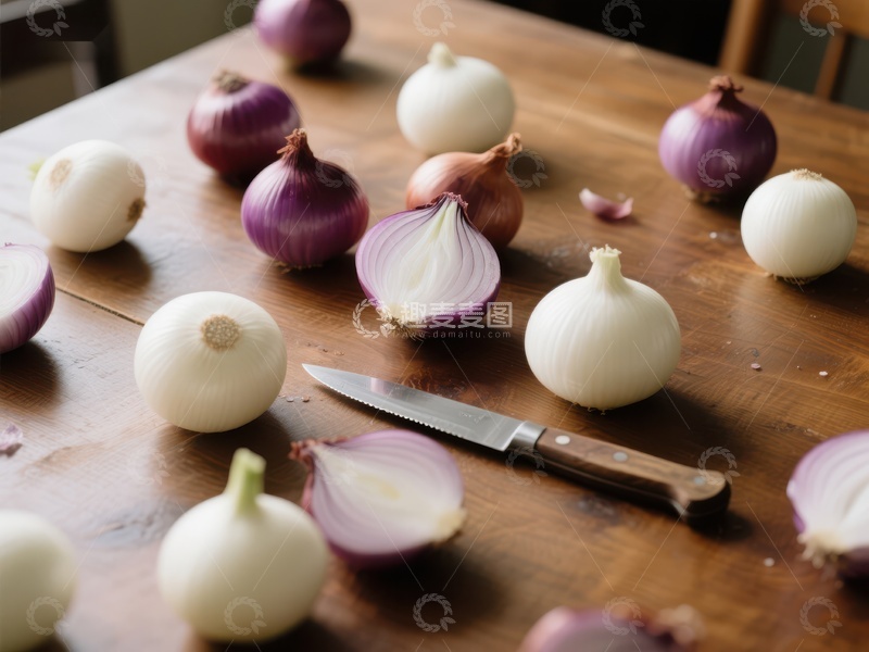 高清大图下载【趣麦麦图】-多种洋葱与刀具置于木质桌面