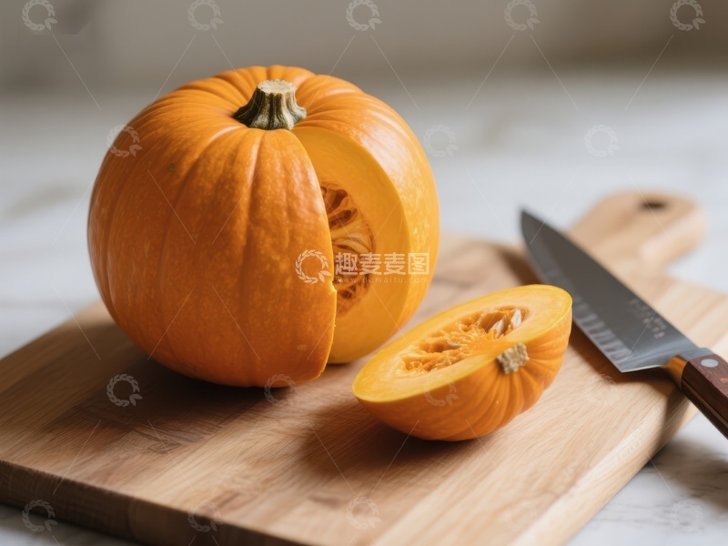 高清大图下载【趣麦麦图】切开的南瓜置于砧板上