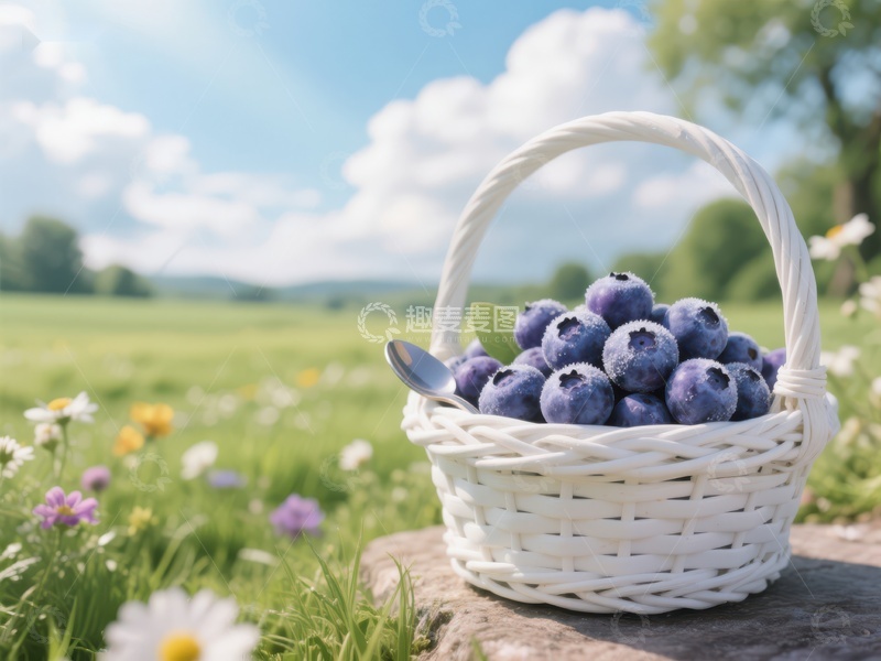 高清大图下载【趣麦麦图】篮子里的蓝莓在阳光下的田野中