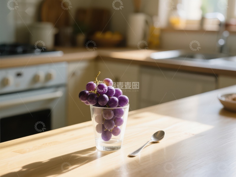 高清大图下载【趣麦麦图】阳光下的厨房台面与葡萄杯