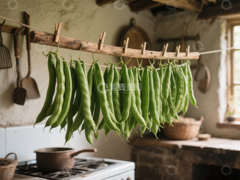 高清大图下载【趣麦麦图】厨房悬挂的绿色豆荚