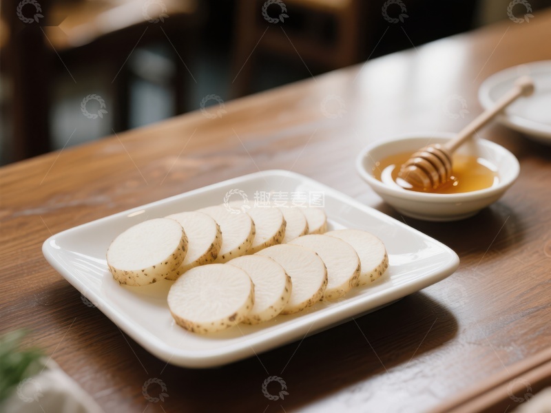 高清大图下载【趣麦麦图】新鲜山药片与蜂蜜的健康搭配