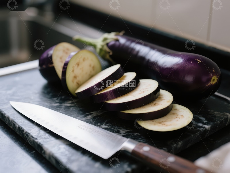 高清大图下载【趣麦麦图】切片茄子与刀具的厨房场景