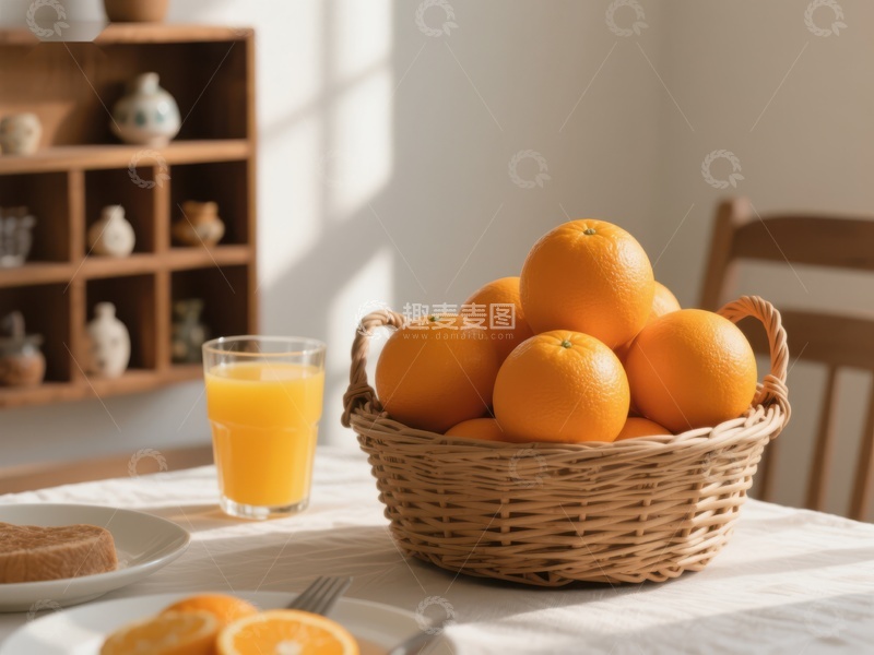 高清大图下载【趣麦麦图】橙子与果汁的温馨早餐