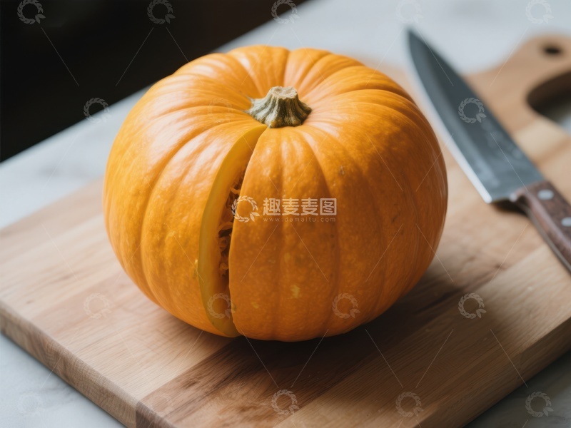 高清大图下载【趣麦麦图】切开的南瓜置于砧板上