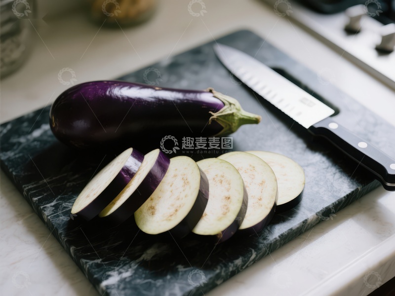 高清大图下载【趣麦麦图】-切片茄子与刀具