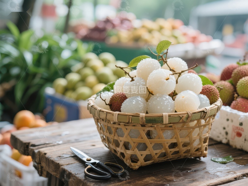 高清大图下载【趣麦麦图】新鲜荔枝装满竹篮，市场摊位展示