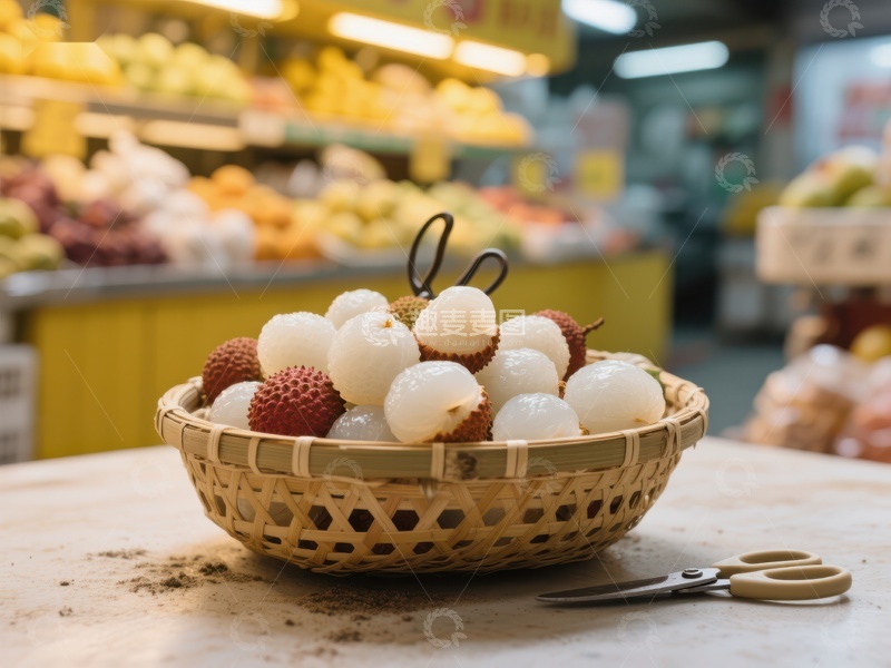 市场摊位上的新鲜荔枝