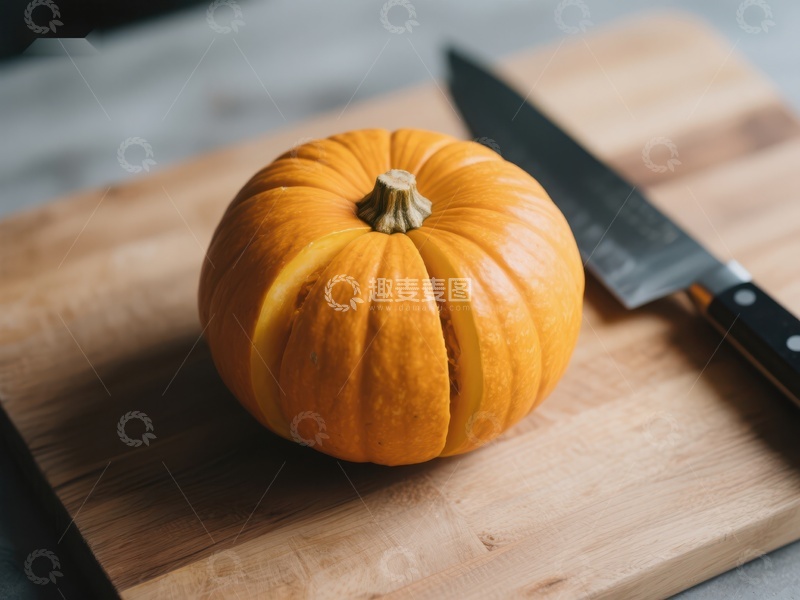 高清大图下载【趣麦麦图】木板上的南瓜与刀具