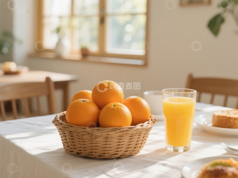 高清大图下载【趣麦麦图】橙子与果汁的早餐桌景