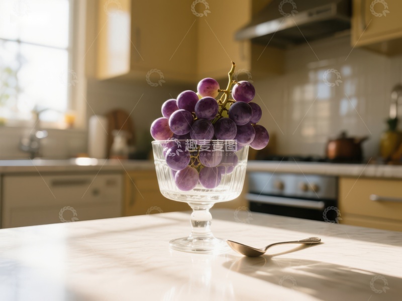 高清大图下载【趣麦麦图】厨房台面上的葡萄与玻璃碗