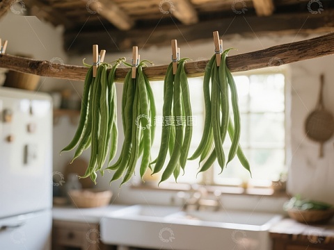 厨房悬挂的绿色豆角