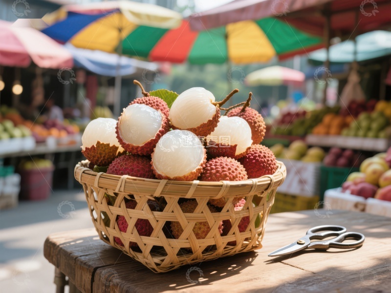 高清大图下载【趣麦麦图】新鲜荔枝摆放在竹篮中