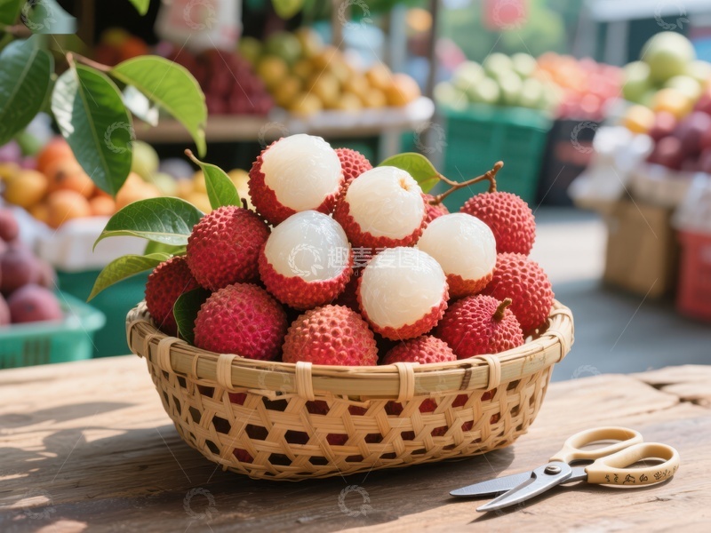 高清大图下载【趣麦麦图】新鲜荔枝装满竹篮