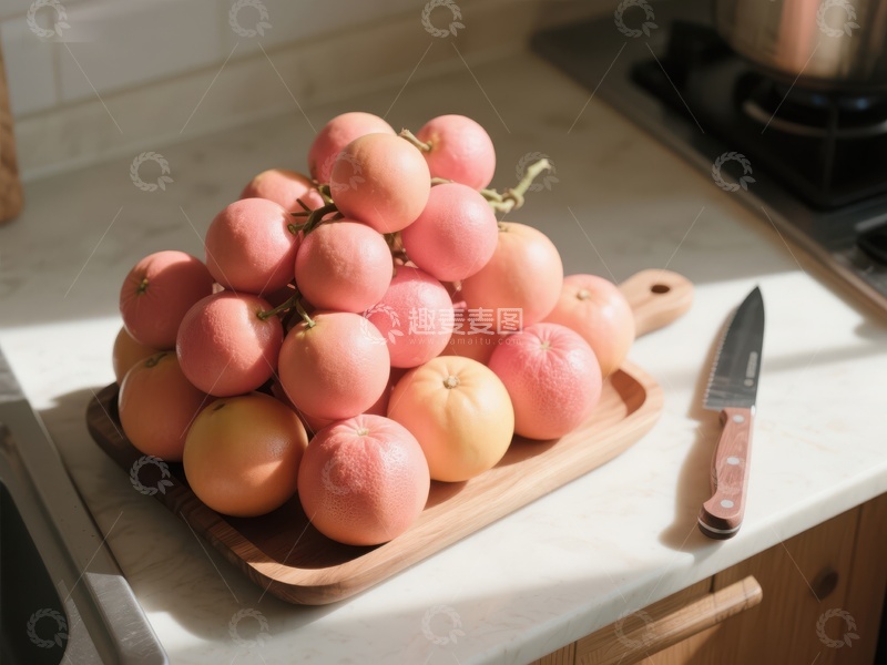 高清大图下载【趣麦麦图】新鲜桃子堆放在厨房砧板上