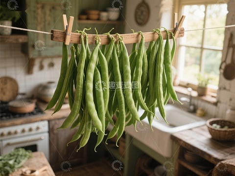 厨房中悬挂的绿色豆荚