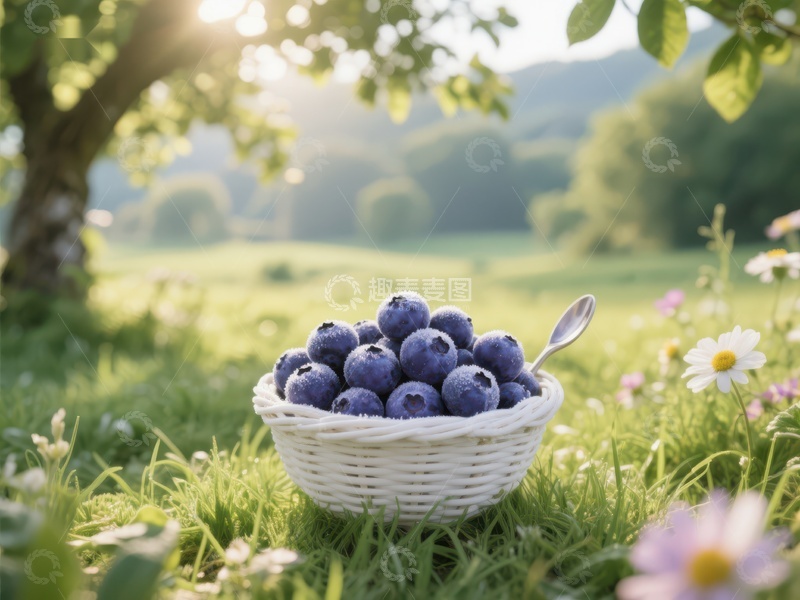 高清大图下载【趣麦麦图】篮中蓝莓，草地花间
