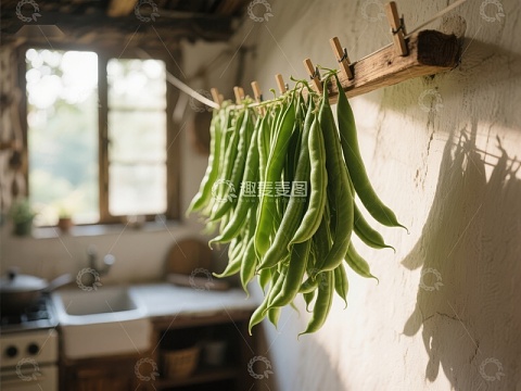 厨房中悬挂的绿色豆荚