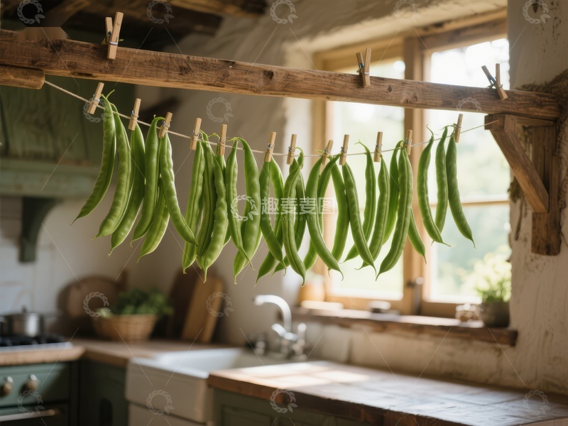 高清大图下载【趣麦麦图】厨房中晾晒的绿色豆荚