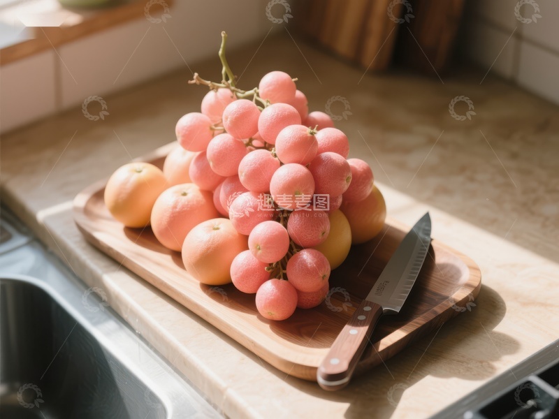 高清大图下载【趣麦麦图】厨房案板上的粉红葡萄与桃子